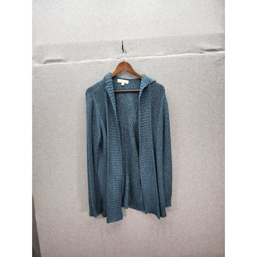 Carolyn Taylor Blue Hooded‎ Open-Front Cardigan Sweater L Acrylic & Polyester